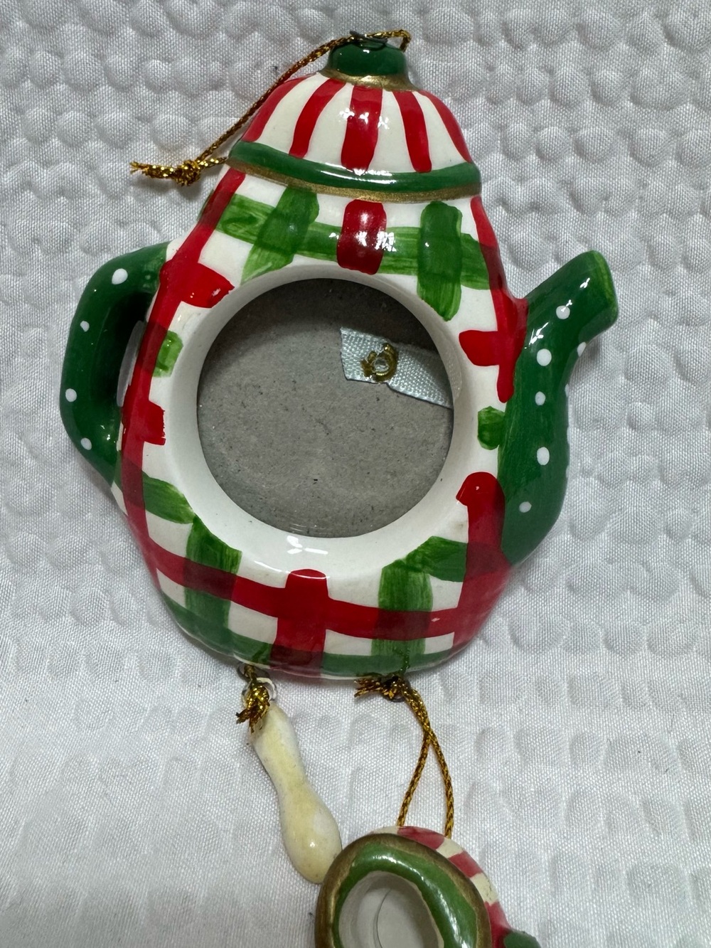 Vintage Hand-Painted Ceramic Teapot photo Ornament - Red & Green Plaid